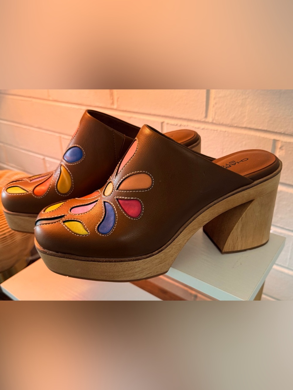 Charlotte Stone Floral Leather Platform Clogs Size 10 NWOT 70s Retro Multicolor - Picture 4 of 8